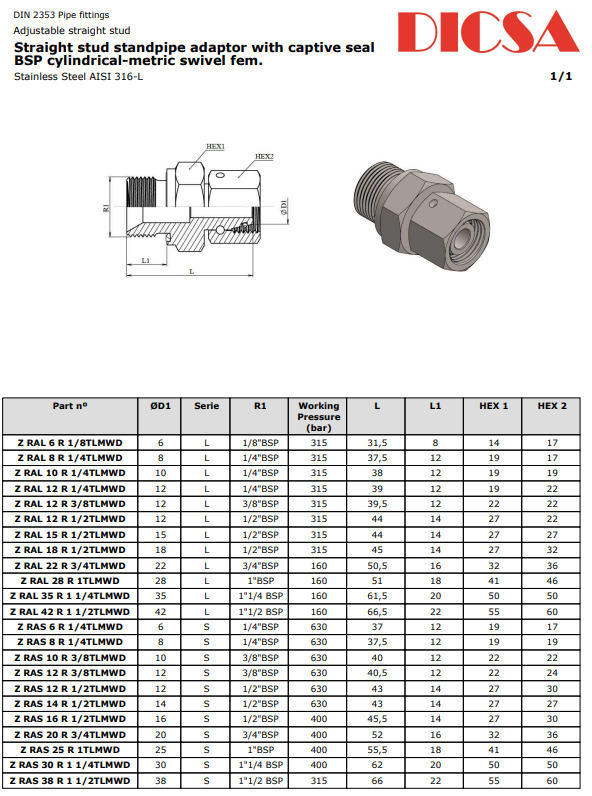 Standpipe Adaptor to BSP WD, S-Series, EGE/SR-wd |TTA Hyd